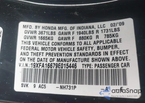 2009 Honda Civic Lx-S z USA, uszkodzony, nr VIN 19XFA16679E015446